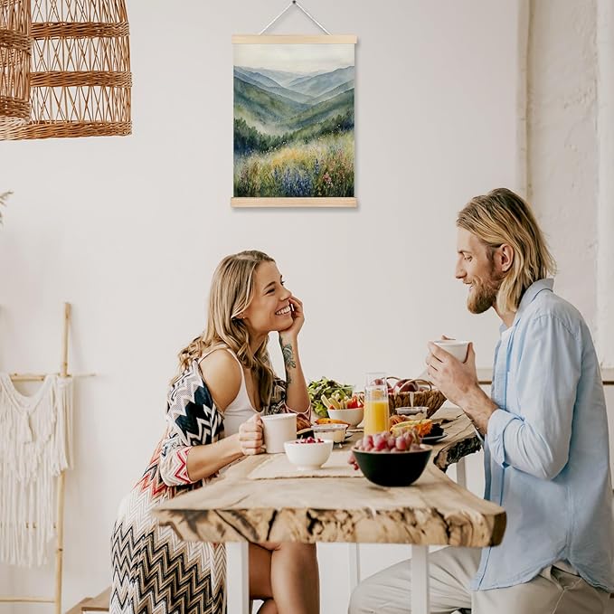 FITIE Green Mountains Forest Wall Art, Mountain Wall Decor, Rustic Farmhouse Forest Wall Art Decor, Watercolor Blue Ridge Mountains Wildflower Nature Landscape Canvas Wall Art Poster Hanger Frame, 12x16 Inches