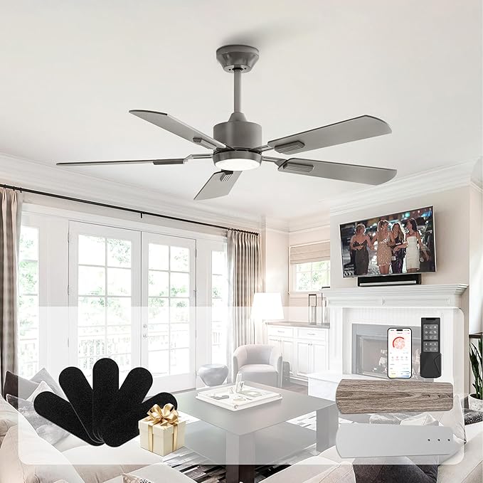 CubiCubi Ceiling Fans with Lights - 52 inch Silver Ceiling Fan with Light and Remote/APP, Dimmable, Super Quiet, Modern Ceiling Fan for Indoor Bedroom, Living Room, Kitchen