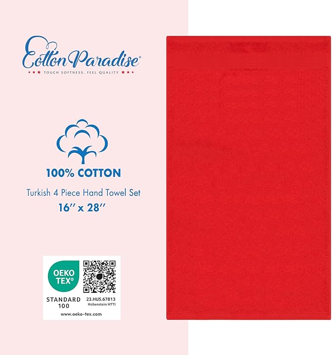 Cotton Paradise Hand Towels for Bathroom, 100% Cotton Turkish 4 Piece Hand Towel Set, Soft Absorbent Face Towels, Red Hand Towels