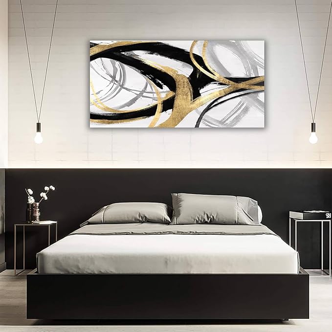Abstract Canvas Prints Black And White Wall Art Pictures for Wall Decoration Gold Posters Graffiti Artwork Decor for Bedroom Dinning Room Home Office Kitchen 24x48 In