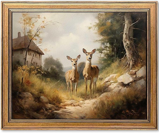 Framed Vintage Wall Art Classical Oil Painting Canvas Print Deers Country Road Bedroom Living Room Wall Decor (Deers, 16L x 12W)