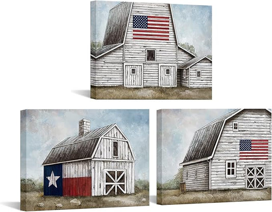 LevvArts Farmhouse Canvas Wall Art Vintage Barn with Flag Painting Prints Texas Landscape Picture Artwork Rustic Farm Country Room Decor (Small)