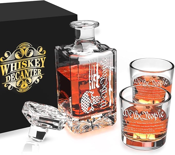 FURSARCAR Housewarming Gifts for for Men Dad, Gun-Skull Whiskey Decanter Set with 2 Glasses, Unique Cool Mens Fathers Birthday Gift from Daughter Son, Xmas Retirement Present Decanter Sets for Man