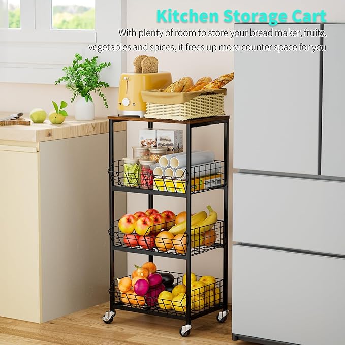 HapiRm Kitchen Fruit Vegetable Cart - 4 Tier Rolling Storage Rack with Wheels and Dividers, Coffee Station Cart Rack Shelf Organizer for Onion, Potato, Snack, Fruit, Vegetable Storage Stand, Black