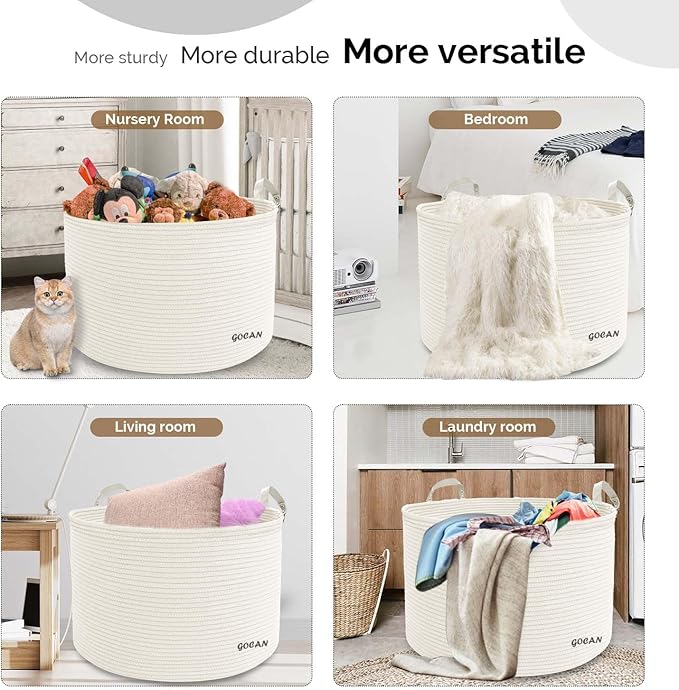 Extra Large Storage Laundry Basket 22" X 22"X 14" Cotton Rope Woven Basket for Blanket Basket with Handles for Living Room Toys Storage XXXL (Cream)