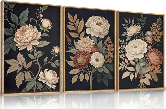 HOURIA Large Moody Dark Flower Framed Canvas Wall Art,Retro Beige Red Peony Wall Decor,Vintage Textured Blossom Botanical Artwork,Natural Wildflower Art Print for Living Room,Bedroom,Office-24 x36 x3