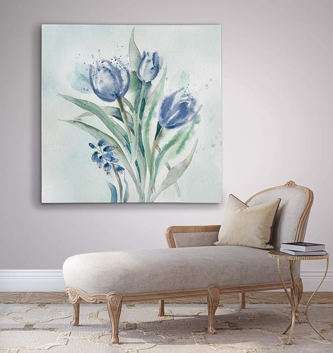 Wexford Home Blue Flower Wash II Gallery Wrapped Canvas Wall Art Decoration, Ready to Hang, 16x16