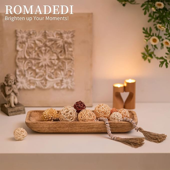 Romadedi Decorative Bowls for Home Decor, Wooden Dough Bowl for Decor, 16" Large Wood Bowl for Kitchen Table Centerpieces, Long Narrow Wooden Tray for Dining Table Decor Centerpiece