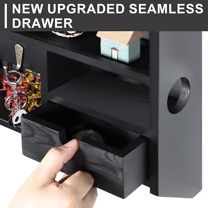 Key Holder for Wall, Mail Organizer Wall Mount with Storage Drawer and 10 Hooks, Easy Installation Key Holder Wall Mount for Home Decor, Black