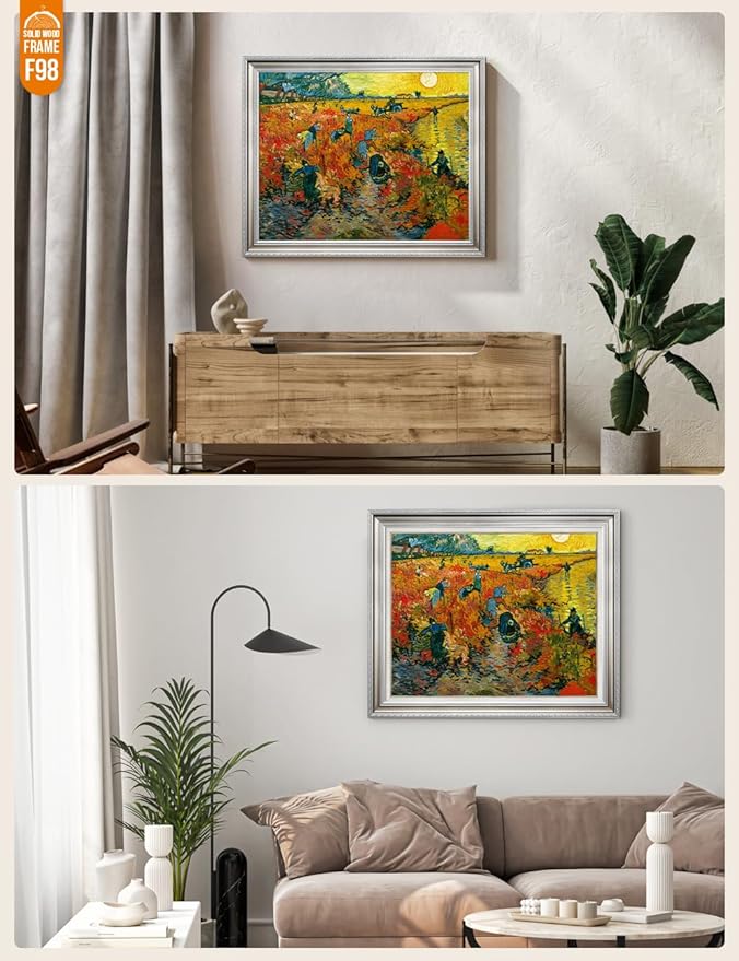 DECORARTS - The Red Vineyards, Vincent Van Gogh Art Reproduction. Acid Free Cotton Canvas Giclee Print w/Bronze Frame&Mat for Wall Decor.