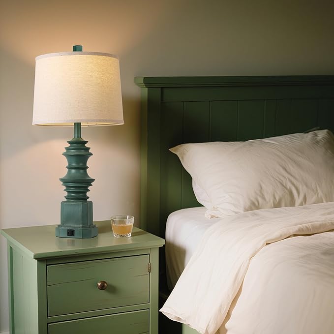 QiMH Table Lamps for Nightstand Set of 2, Bedside Lamp with USB A+C Charging Ports, Farmhouse Table Lamp with Linen Lampshade, Lamps for Living Room, Bedroom Lamps with LED Bulbs, Green