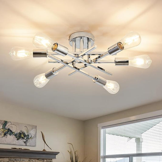ASGYISA 6-Lights Semi Flush Mount Ceiling Light Fixture Modern Chrome Matte Sputnik Chandelier Farmhouse Ceiling Lighting for Kitchen Bedroom Dining Room Living Room