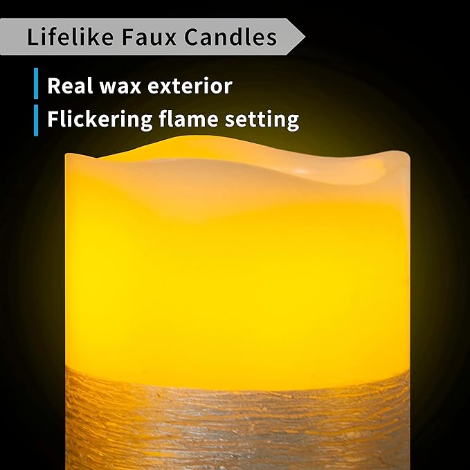 FURORA LIGHTING Silver Real Wax Trim Candles with Remote and Timer Pack of 8, LED Flameless Flickering Candles for Home Décor, Battery Included