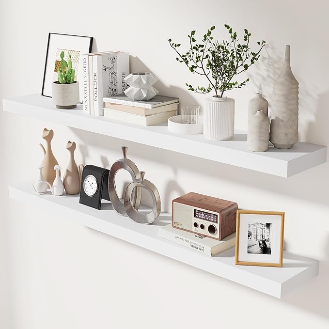 White Floating Shelves 48 Inch Set of 2, Solid Wood Wall Mounted Shelves 48 Inches Long, Modern Floating Shelves for Bedroom Living Room Bathroom - White