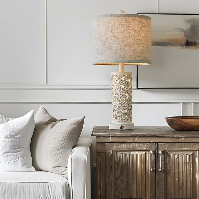 OYEARS 3-Way Dimmable 22'' Table Lamp Set of 2 for Living Room Bedroom Farmhouse Vintage Retro Bedside Lamps Touch Control with USB Ports Linen Shade for Home Office (Wash White, Bulb Included)