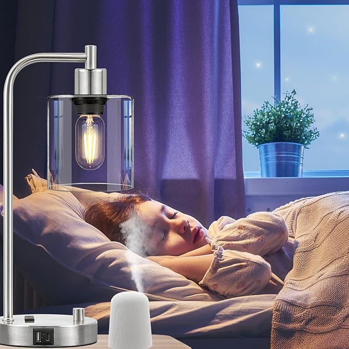Set of 2 Industrial Table Lamps with USB C+A Ports and Outlet, Brushed Nickle Fully Stepless Dimmable Bedside Lamps, Nightstand Lamp with Clear Glass Shade for Bedroom Living Room 2 LED Bulb Included