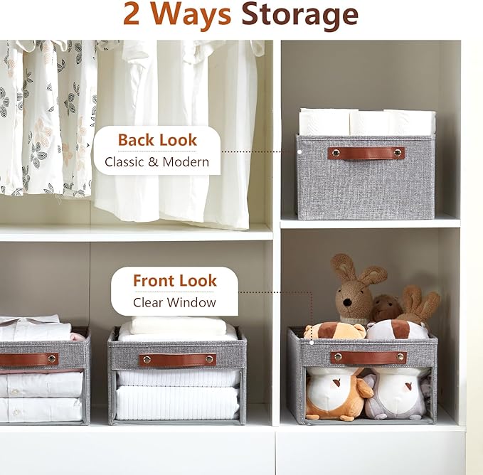 Medium Storage Baskets with Clear Window, See Through Closet Organizer with PU Handles, Linen Foldable Storage Bins for Organizing Clothes, Toys, Books (Gray)