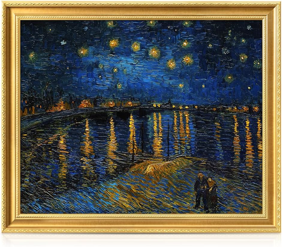 DECORARTS - Vincent van Gogh's Starry Night Over the Rhone. Museum-Quality Giclee Print on Cotton Canvas, Ornate Gold Solid Wood Frame, Framed Size: 34.75x28.75 in, Made in USA