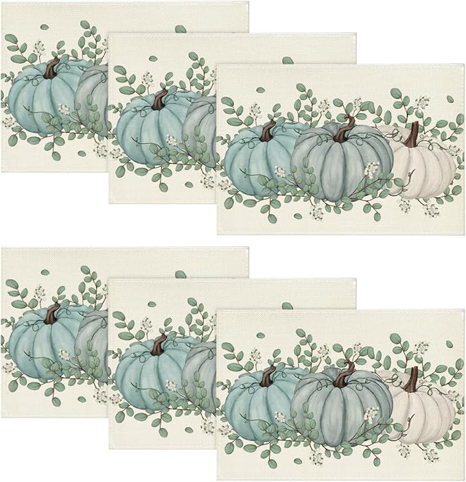 Artoid Mode Pumpkins Eucalyptus Leaves Fall Placemats Set of 6, 12x18 Inch Autumn Thanksgiving Holiday Table Mats for Party Kitchen Dining Decoration