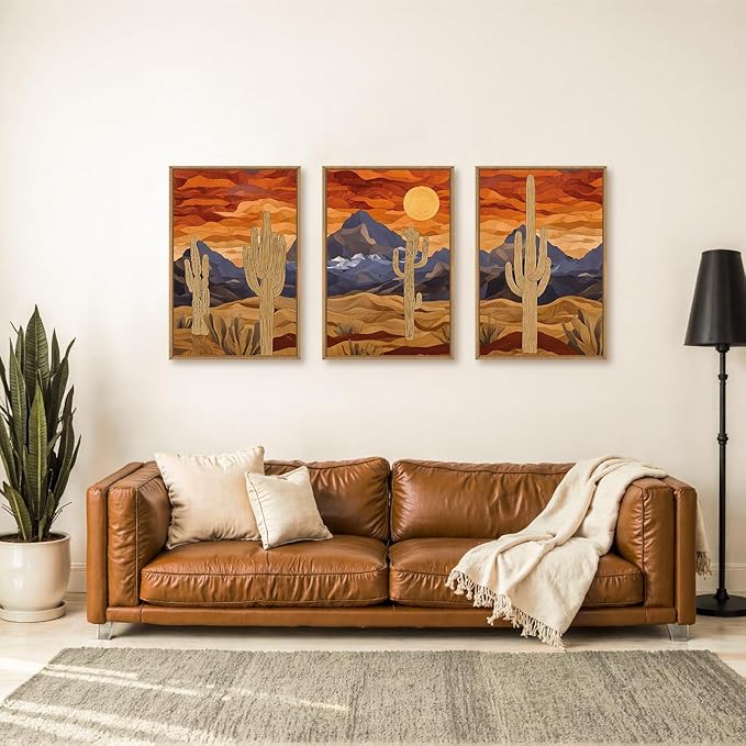 HPNIUB Mountains Desert Framed Canvas Wall Art Set, Abstract Sun Art Prints, Modern Cactus Paintings Artwork, Mid Century Southwestern Landscape Wall Decor for Living Room, Bedroom, Office-24 x36 x3