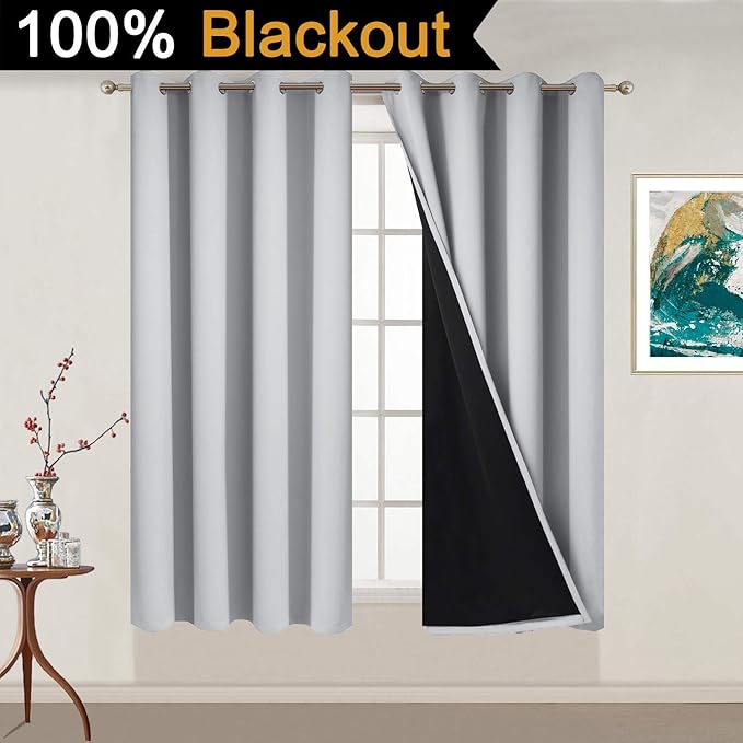 Yakamok 100% Blackout Curtains Energy Saving Thermal Insulated 2 Thick Layers Total Blackout Drapes with Black Liner for Bedroom (52Wx54L, Light Grey, 2 Panels)
