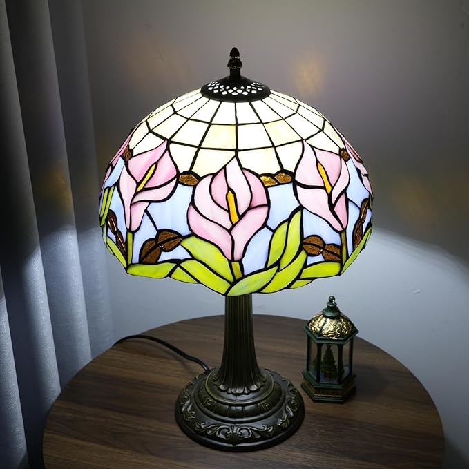 Tiffany Lamp 12 Inch Blue Pink Calla Lily Victorian Stained Glass Table Lamp Antique Bedside Reading Lamp For Bedroom Nightstand Office Light Dorm Room Decor Tiffany Style Retro Home Decoration Gifts