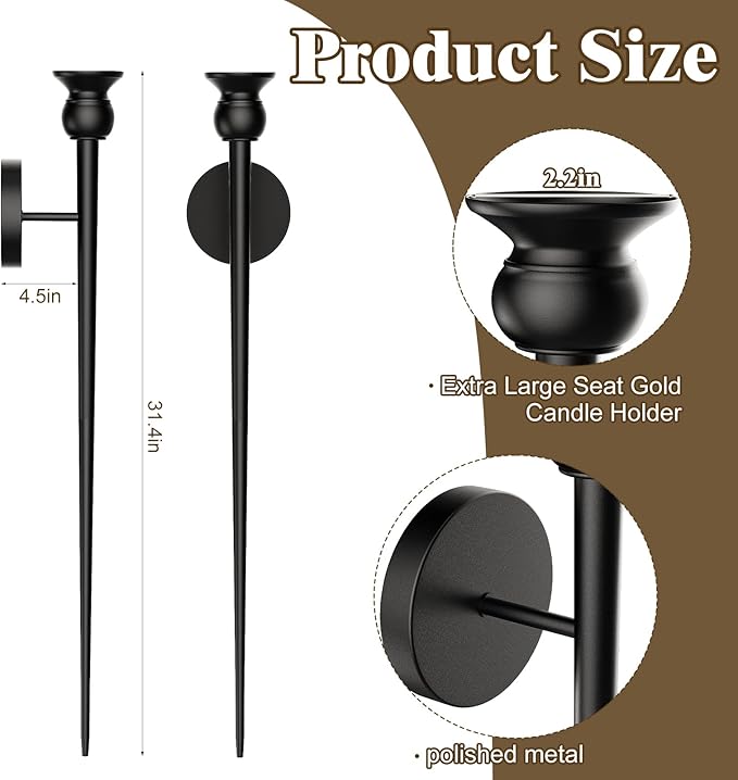 Candle Wall Sconce, 31.5inch Candle Sconces Wall Decor Set of 2, Long Candle Holder with Battery Operated Candles Retro Chic Candle Holder Decoration for Home Decor (Black)