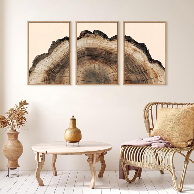 KAIRNE Framed Tree Ring Wall Art Set, Retro Wood Stump Wall Decor, Tree Spiral Wall Painting, Modern Nature Canvas Art Prints for Living Room, Bedroom, Dinning Room, Farmhouse - Large 24"x36"x3