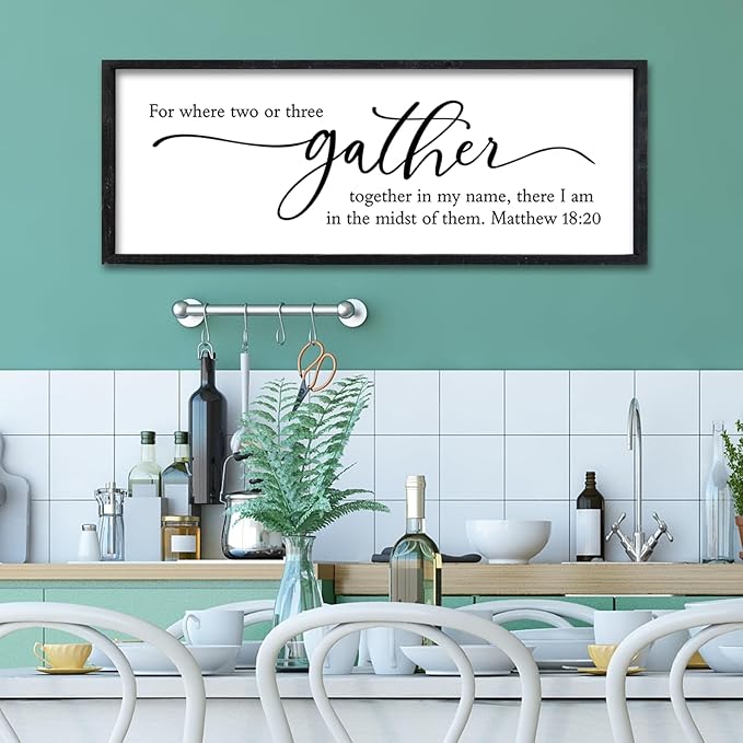 Surfapans For Where Two Or Three Gather Sign Wall Art Decor 32"X12" Dining Room cripture Matthew 18 20 Bible Verse Large Wood Framed Hanging (Black)