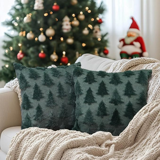 GEEORY Christmas Tree Throw Pillow Covers 16x16 Inch Set of 2, Xmas Winter Soft Plush Faux Fur Wool Decorative Farmhouse Holiday Cushion Case for Home Decoration (Green) GC003-16