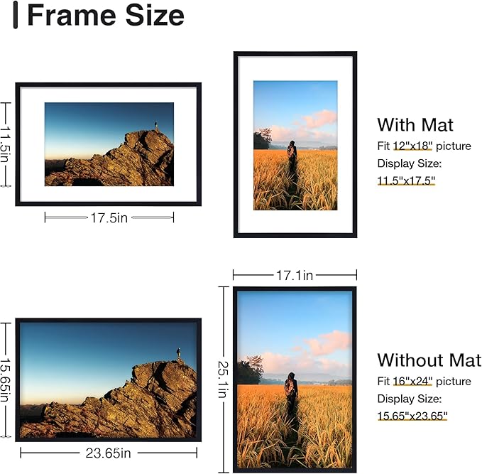 Vittanly 16x24 Picture Frame with Plexiglass - Large Black Poster Frame for Wall Display - Includes 12x18 Mat, Made of Durable PVC Design - 3 Pack