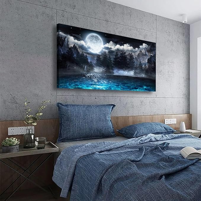Moon Ocean Pictures Canvas Wall Art for Living room Office Bedroom Wall Decor,Ocean Wall Art Print Paintings Modern Mystery Cloud Forest Blue Lake Artwork Waterproof Ready to Hang-28X57 inch