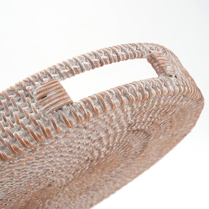 Round Rattan Serving Tray Decorative Woven Ottoman Trays with Handles for Coffee Table White (Small 11.8 inch x 2.4 inch)