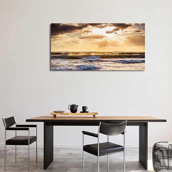 Sunset Ocean Canvas Wall Art - Ocean Waves Wall Decor Glow Sea Scene Picture Painting Nature Landscape Prints Sunset Over the Ocean Painting Artwork Living Room Bedroom Office Home 24" x 48"