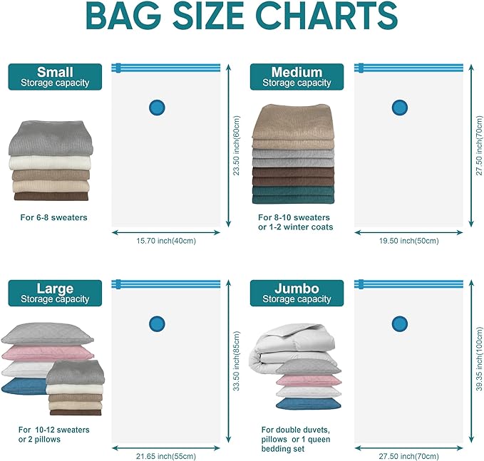 Space Saver Vacuum Storage Bags, 6 Pack Jumbo Space Saver Bags with Pump, Storage Vacuum Sealed Bags for Clothes, Comforters, Blankets, Bedding (Jumbo)