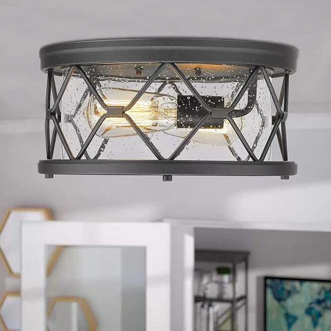 zeyu 2-Light Black Flush Mount Ceiling Light - Modern Industrial Ceiling Light Fixture for Kitchen Hallway Bedroom, Black Finish with Seeded Glass Cover, ZW22-F BK