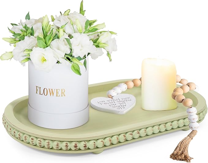 HPC Decor 15in Oval Tray for Home Decor - Green Wood Beaded Tray - Decorative Serving Tray,Rustic Farmhouse Wooden Trays for Vintage Centerpiece,Kitchen Counter,Living Room Decor,Coffee Table Decor.