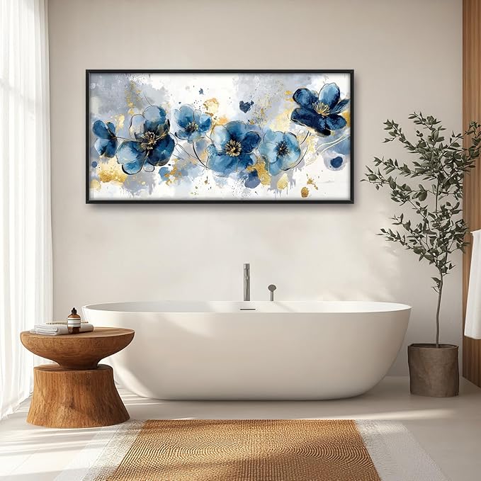 Extra Large Framed Abstract Blue Flower Wall Art,Oversized Golden Grey Floral Wall Decor Pictures for Living Room,Canvas Print Painting Modern Artwork Bedroom Office Bathroom Home Decor 60L" x 30W"