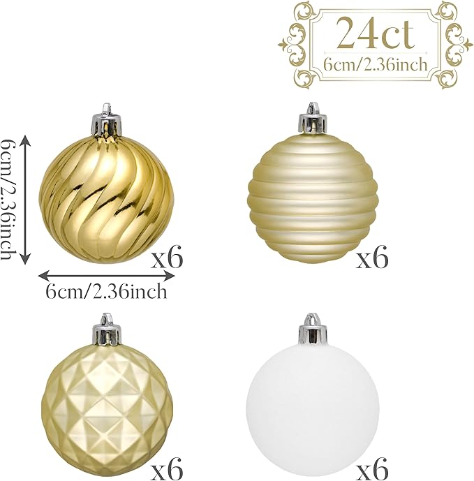 Valery Madelyn Christmas Ornaments Tree Decorations Set for Fall Halloween, 24ct White Gold Shatterproof Ball Ornaments, 2.36" Hanging Ornament Bulk for Xmas Holiday Party Decor