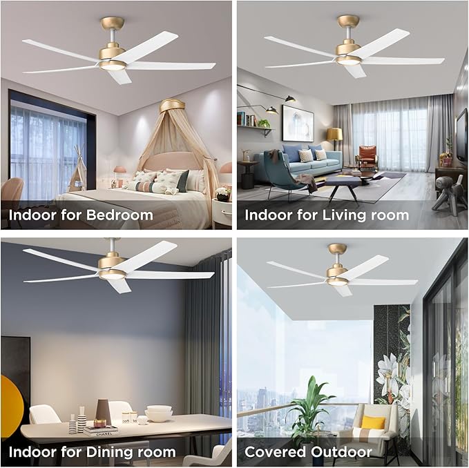 ocioc 2-Pack 52 inch Ceiling Fans with Liights Ultra Quiet DC Motor 3 Color Temperatures Modern Ceiling Fan for Bedroom Kitchen Indoor Covered Outdoor Gold