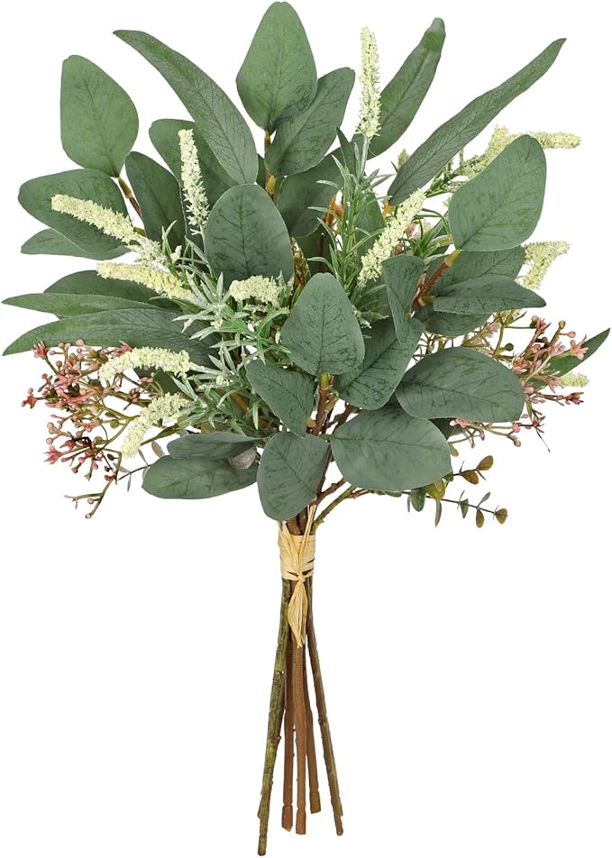 Fake Eucalyptus Bouquet Artificial Eucalyptus with Sage Leaves Faux Greenery Bush for Bathroom Kitchen Table Farmhouse Decoration