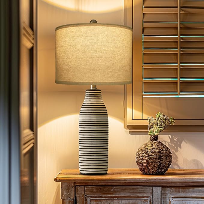PORTRES 25" Ceramic Table Lamps Set of 2 Beside Lamps for Living Room Modern Bedroom Lamps for Night Stands with Rotary Switch Black and White Stripes
