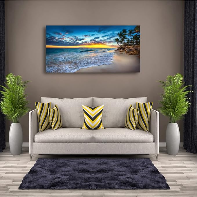Beach Sunset Pictures Canvas Wall Art For Living Room Bedroom Wall Decor,Sunset Wall Art Print Paitnings for Home Decor,Morden Artwork Palm Coconut Tree Canvas Art Ready to Hang-20X40Inches