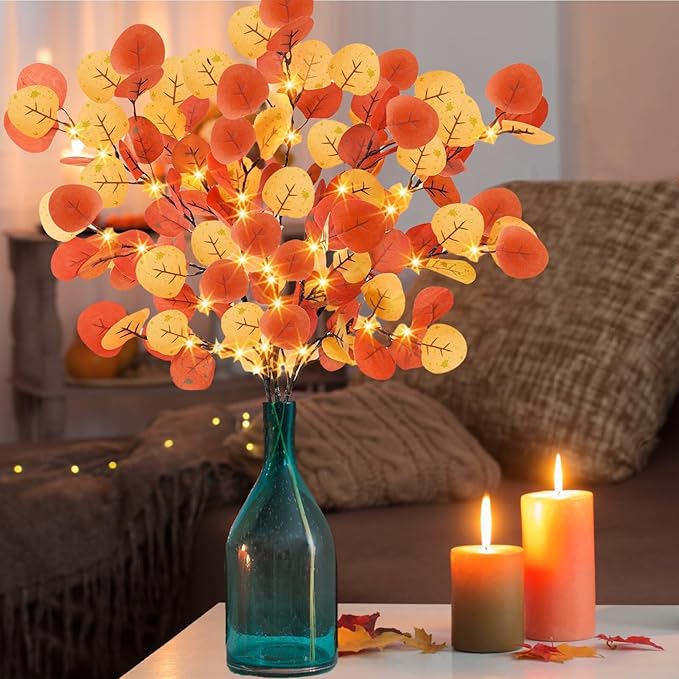 Agusbagli 30in 60LED Lighted Fall Eucalyptus Branches with Timer, Light Up Fall Eucalyptus Leaves Stems Battery Operated Lit Artificial Twig Autumn Fall Decorations for Home Wedding Party Decor