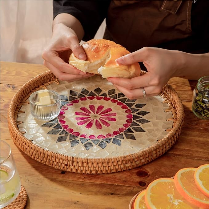 11.8' Wicker Round Rattan Mother of Pearl Serving Basket Tray for Décor Coffee Table | Large Boho Circle Woven Decorative Trays for Outdoor, Home, Kitchen Display (Lozenge)