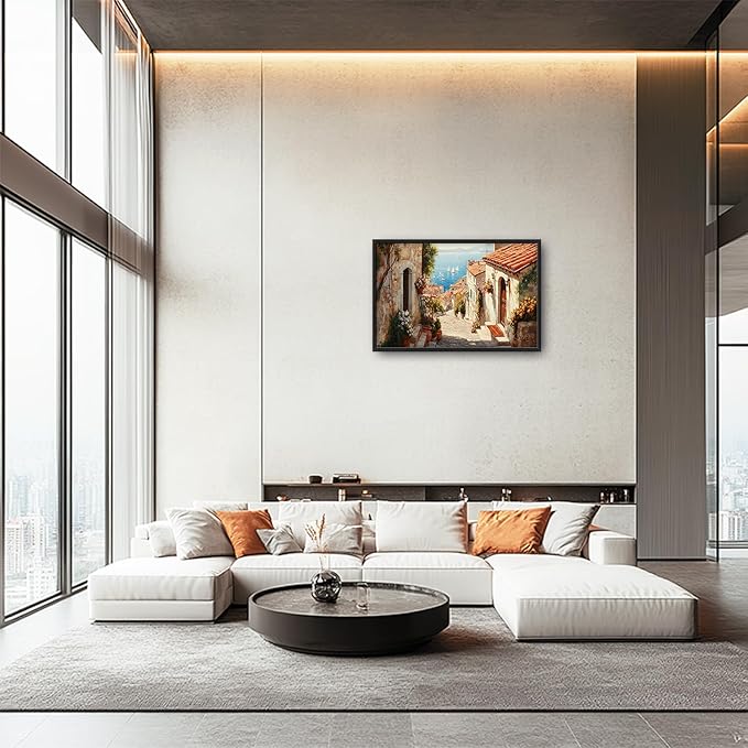 Olivine Italy Large Wall Art, Tuscany Pictures Wall Decor, Coastal Scenery Painting, Vintage Canvas Prints, Framed Artwork for Dining Room Living Room Bedroom Bathroom Office Home Decor 36"x24"