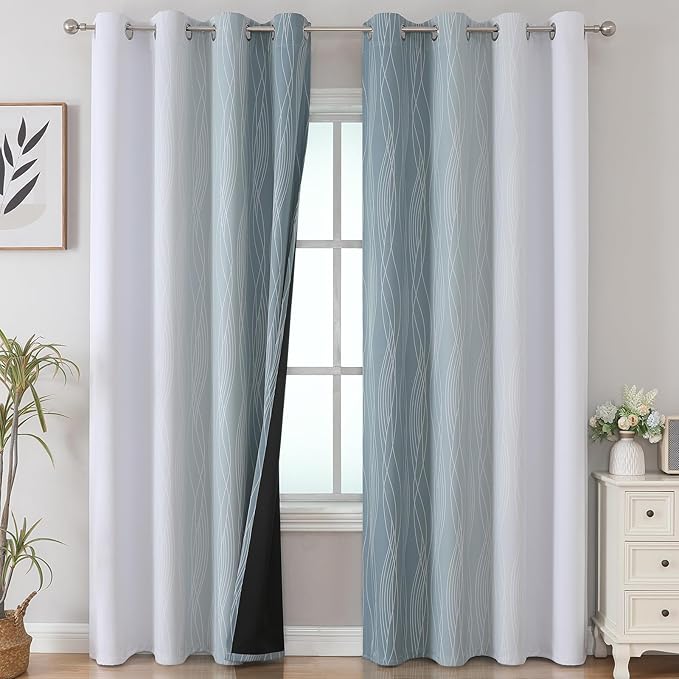 Estelar Textiler Stone Blue and Greyish White Ombre Blackout Curtains 90 Inch Length 2 Panels Set, Thermal Insulated Drapes for Bedroom,Full Room Darkening Gradient Curtains for Living Room,52Wx90L