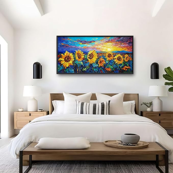 Sunflower Large Wall Art for Living Room Framed, Floral Wall Decor Pictures, Sunflower Field Landscape Canvas Print Painting, Aesthetic Artwork Bedroom Office Home Decor 60"x30"