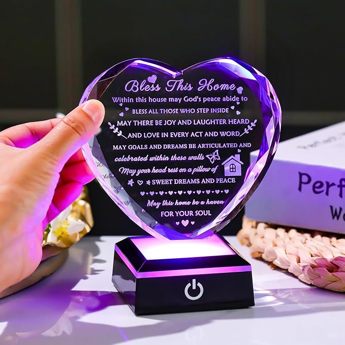 House Warming Gifts New Home Crystal Heart Keepsake with LED Base Housewarming Gifts for Women Men House Warming Gifts Couple Presents Home Blessing Warm Gift New Apartment