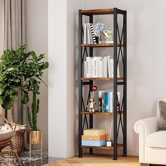 Homeiju 5-Tier Narrow Bookshelf, Ladder Bookshelf, Tall Bookshelf for Bedroom with Open Shelves, Office Bookshelf, Industrial Standing Bookshelf for Bedroom, Living Room and Home Office